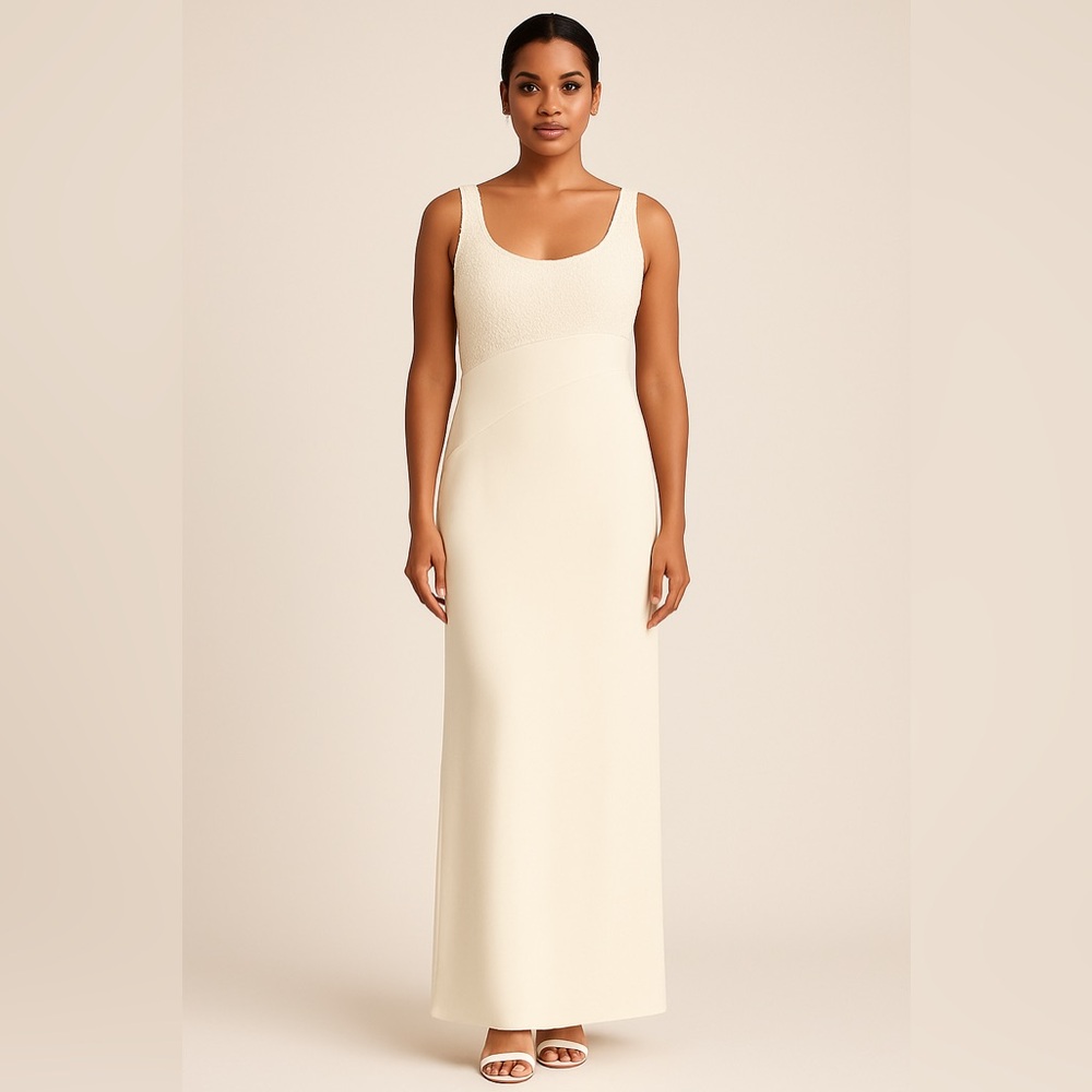 Formal long off-white dress. Size 6, Prom, Flattering detail, Clear Beaded Top
